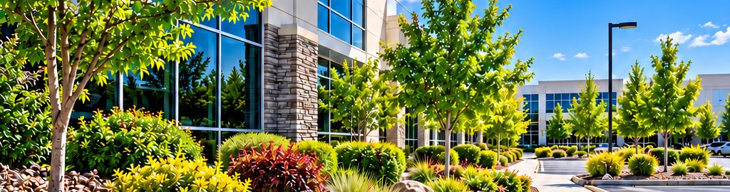 Well-maintained commercial office building landscaping